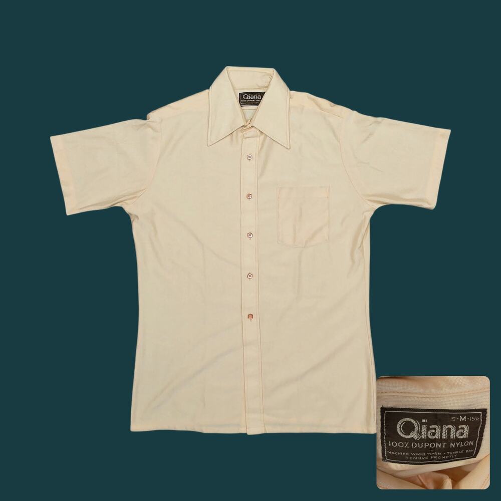 Vintage 70s Qiana Nylon Shiny Peach Disco Shirt Point Collar Mens M